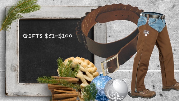 Gifts $51-$100 Blackboard, Evergreen Branches, Ornaments, Cinnamon Sticks, Mincemeat Pie, Chaps, Shell Belt