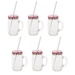 Sunshine Mason Co. Glass Mason Jar Drinking Mug set with handle, Red Gingham lids and White Straws, Set of 6