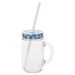 Sunshine Mason Co. Glass Mason Jar Drinking Mug set with handle, Blue Gingham lids and White Straws, Set of 6