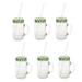 Sunshine Mason Co. Glass Mason Jar Drinking Mug set with handle, Green Gingham lids and Clear Straws, Set of 6