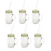 Sunshine Mason Co. Glass Mason Jar Drinking Mug set with handle, Yellow Gingham lids and Clear Straws, Set of 6