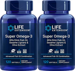 Life Extensions Super Omega-3 EPA/DHA Fish Oil, Sesame Lignans & Olive Extract - 2 x 120 Softgels TWINPACK