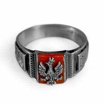 925pf&#x20;Silver&#x20;Polish&#x20;Officer&#x27;s&#x20;Eagle&#x20;Ring&#x20;with&#x20;Red&#x20;Coral