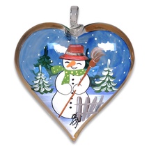 Christmas&#x20;Snowman&#x20;Hand&#x20;Painted&#x20;&amp;&#x20;Signed&#x20;Glass&#x20;Heart&#x20;Ornament