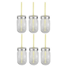 Sunshine Mason Co. Glass Mason Jar Set with Silver Lids and Yellow Stripe Straws, Set of 6