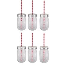 Sunshine Mason Co. Glass Mason Jar Set with Silver Lids and Red Stripe Straws, Set of 6