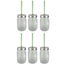 Sunshine Mason Co. Glass Mason Jar Set with Silver Lids and Green Stripe Straws, Set of 6
