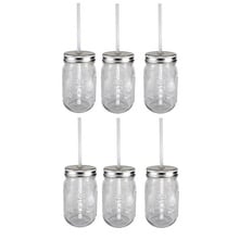 Sunshine Mason Co. Glass Mason Jar Set with Silver Lids and White Straws, Set of 6