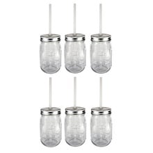 Sunshine Mason Co. Glass Mason Jar Set with Silver Lids and Clear Straws, Set of 6