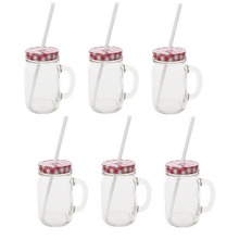 Sunshine Mason Co. Glass Mason Jar Drinking Mug set with handle, Red Gingham lids and White Straws, Set of 6