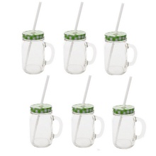 Sunshine Mason Co. Glass Mason Jar Drinking Mug set with handle, Green Gingham lids and White Straws, Set of 6