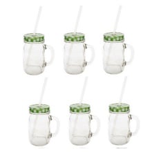 Sunshine Mason Co. Glass Mason Jar Drinking Mug set with handle, Green Gingham lids and Clear Straws, Set of 6