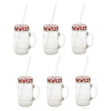 Sunshine Mason Co. Glass Mason Jar Drinking Mug set with handle, Red Gingham lids and Clear Straws, Set of 6