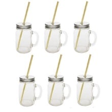 Sunshine Mason Co. Glass Mason Jar Drinking Mug set with handle, Silver lids and Yellow Stripe Straws, Set of 6