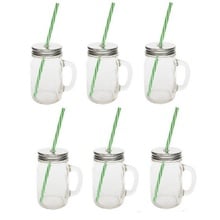 Sunshine Mason Co. Glass Mason Jar Drinking Mug set with handle, Silver lids and Green Stripe Straws, Set of 6
