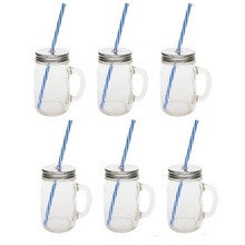 Sunshine Mason Co. Glass Mason Jar Drinking Mug set with handle, Silver lids and Blue Stripe Straws, Set of 6