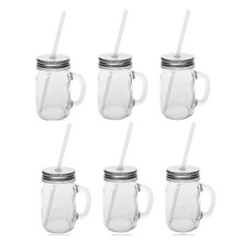 Sunshine Mason Co. Glass Mason Jar Drinking Mug set with handle, Silver lids and Clear Straws, Set of 6