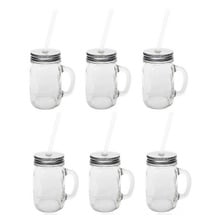 Sunshine Mason Co. Glass Mason Jar Drinking Mug set with handle, Silver lids and White Straws, Set of 6