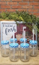 Sunshine Mason Co. Glass Mason Jar set with Blue Gingham lids and White Straws, Set of 6