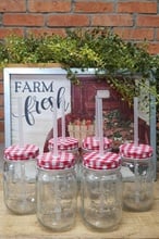 Sunshine Mason Co. Glass Mason Jar set with Red Gingham lids and Clear Straws, Set of 6