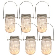 Sunshine Mason Co. Mason Jars with Solar Fairy Firefly String Lights and Hanger Handles Set of 6.