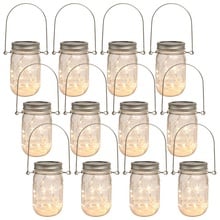 Sunshine Mason Co. Mason Jars with Solar Fairy Firefly String Lights and Hanger Handles Set of 12