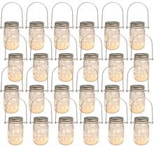 Sunshine Mason Co. Mason Jars with Solar Fairy Firefly String Lights and Hanger Handles Set of 24