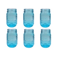 Sunshine Mason Co. Pint Sized Regular Mouth Glass Mason Jars Vintage Blue Color 6 Pack