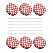 Sunshine Mason Co. Red Gingham Mason Jar Lids with White Straws, 6 Pieces