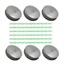 Sunshine Mason Co. Silver Mason Jar Lids with Green Stripe Straws, 6 Pieces