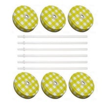 Sunshine Mason Co. Yellow Gingham Mason Jar Lids with White Straws, 6 Pieces