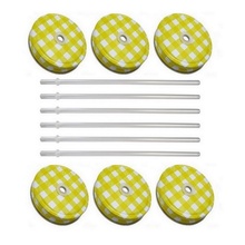 Sunshine Mason Co. Yellow Gingham Mason Jar Lids with Clear Straws, 6 Pieces