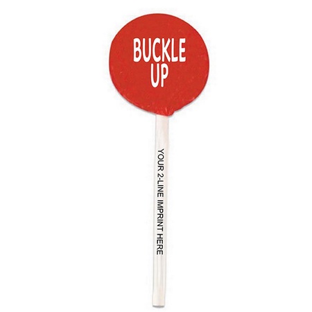 Buckle Up Lollipops with Imprinted Sticks