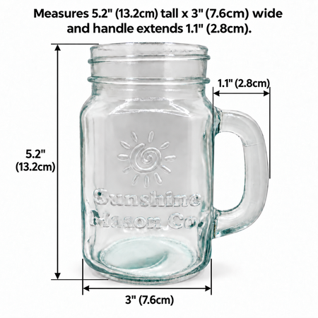 Sunshine Mason Co. Mason Jar Glass Mugs with Handles Pint Size (16 ounce, 473 mL) Regular Mouth 6 Pieces