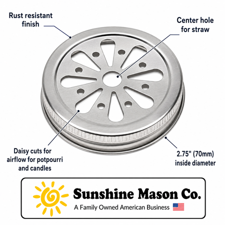 Sunshine Mason Co. Daisy Flower Cut Mason Jar Lids 12 Pieces, Silver