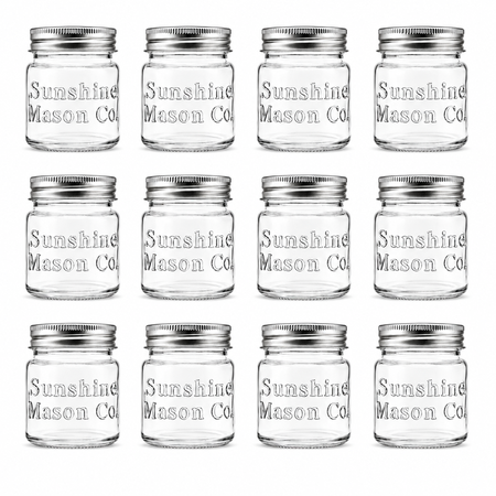 Sunshine Mason Co. Mini Mason Jar Vintage Farmhouse Shot Glasses with Metal Lid 2 Ounces, 12 Pieces