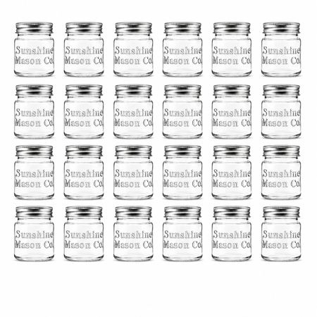 Sunshine Mason Co. Mini Mason Jar Vintage Farmhouse Shot Glasses with Metal Lid 2 Ounces, 24 Pieces