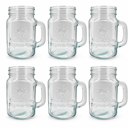 Sunshine Mason Co. Mason Jar Glass Mugs with Handles Pint Size (16 ounce, 473 mL) Regular Mouth 6 Pieces