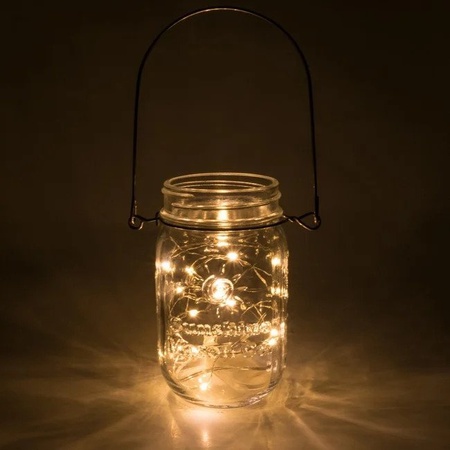 Sunshine Mason Co. Mason Jars with Solar Fairy Firefly String Lights and Hanger Handles Set of 6.