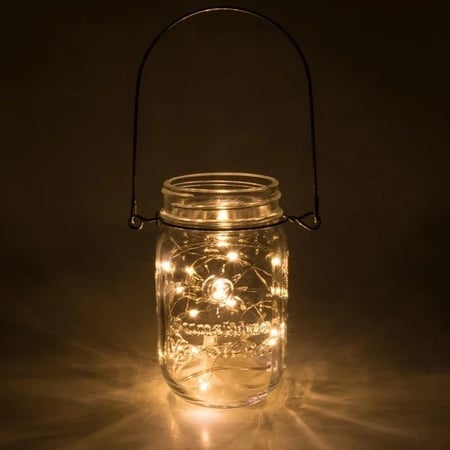 Sunshine Mason Co. Mason Jars with Solar Fairy Firefly String Lights and Hanger Handle Single
