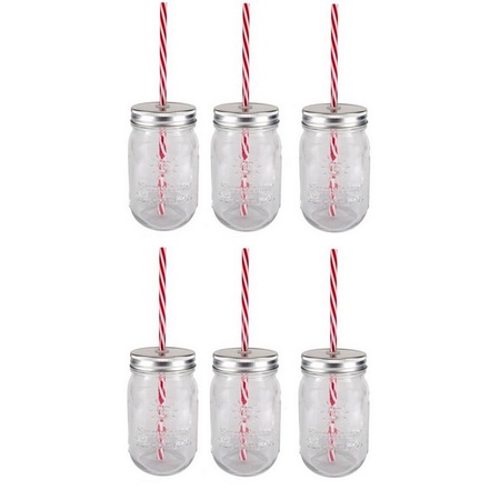 Sunshine Mason Co. Glass Mason Jar Set with Silver Lids and Red Stripe Straws, Set of 6