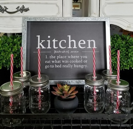 Sunshine Mason Co. Glass Mason Jar Set with Silver Lids and Red Stripe Straws, Set of 6