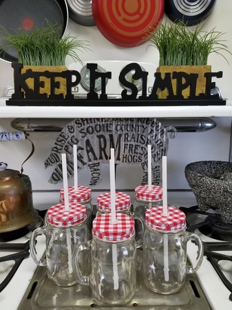 Sunshine Mason Co. Glass Mason Jar Drinking Mug set with handle, Red Gingham lids and White Straws, Set of 6