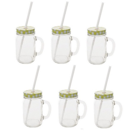 Sunshine Mason Co. Glass Mason Jar Drinking Mug set with handle, Yellow Gingham lids and White Straws, Set of 6