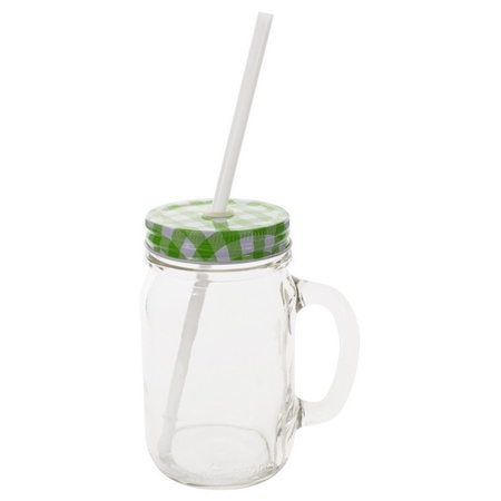 Sunshine Mason Co. Glass Mason Jar Drinking Mug set with handle, Green Gingham lids and White Straws, Set of 6