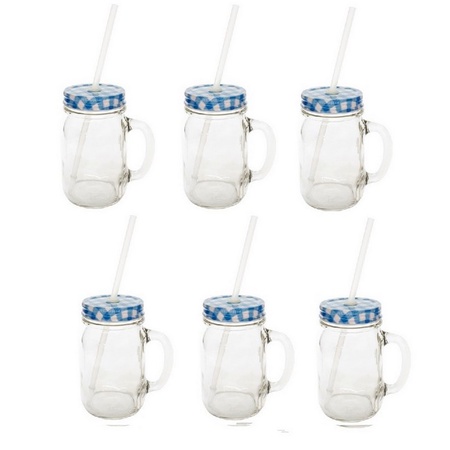 Sunshine Mason Co. Glass Mason Jar Drinking Mug set with handle, Blue Gingham lids and Clear Straws, Set of 6