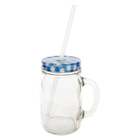 Sunshine Mason Co. Glass Mason Jar Drinking Mug set with handle, Blue Gingham lids and Clear Straws, Set of 6