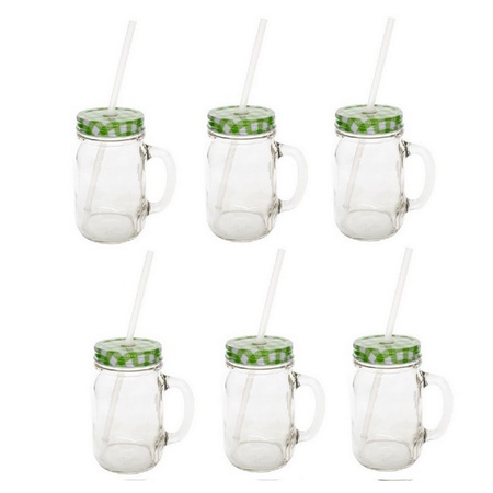 Sunshine Mason Co. Glass Mason Jar Drinking Mug set with handle, Green Gingham lids and Clear Straws, Set of 6
