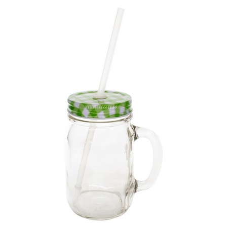 Sunshine Mason Co. Glass Mason Jar Drinking Mug set with handle, Green Gingham lids and Clear Straws, Set of 6