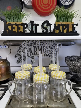 Sunshine Mason Co. Glass Mason Jar Drinking Mug set with handle, Yellow Gingham lids and Clear Straws, Set of 6